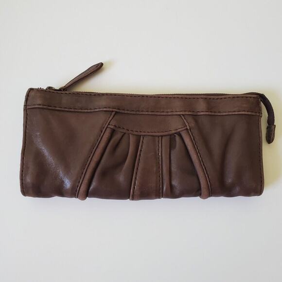Junior Drake Clutch Wallet Brown Supple Leather Pleated Zip Closure Minimalist - Picture 2 of 9